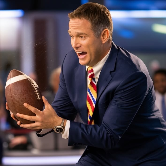 News Fumble mascot: an excited TV news anchor holding a football on set